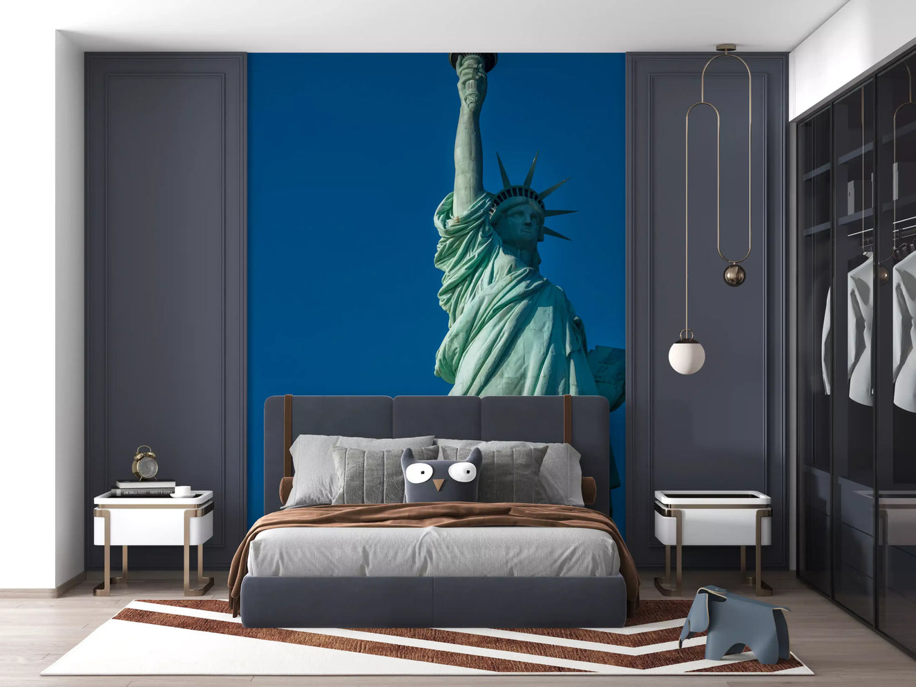 Statue of Liberty teal-green wall mural installed in a bedroom