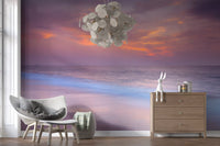 Lavender sunset beach wall mural in a Living room area with mauve and peach tones, GD9763