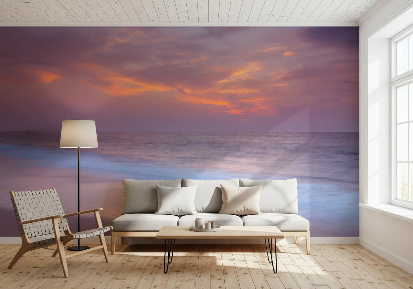 Pastel shoreline wall mural adding calm tones to a living room, GD9763