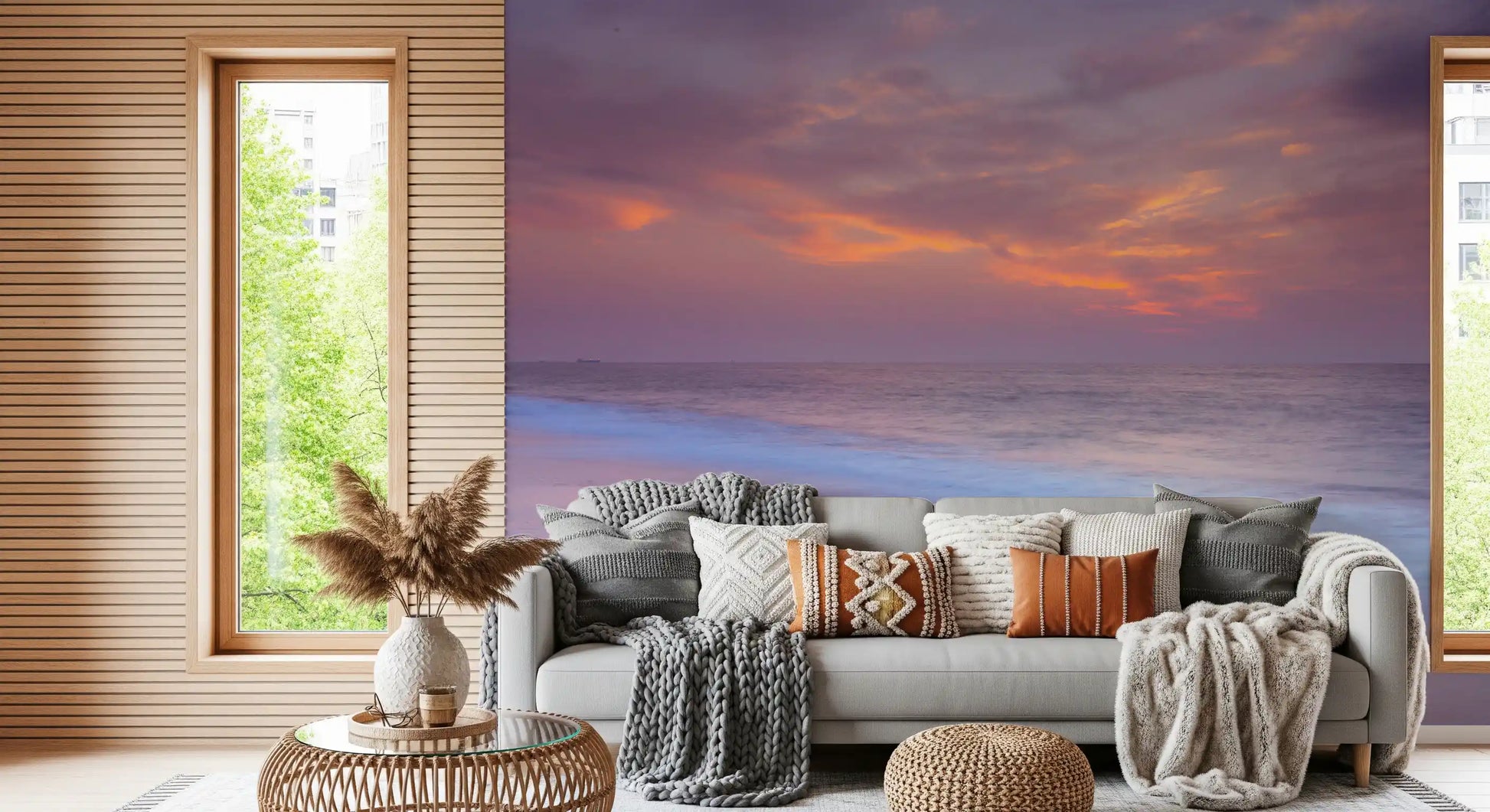 Wide beach shoreline and pastel sunset sky on this Serenity wall mural, GD9763