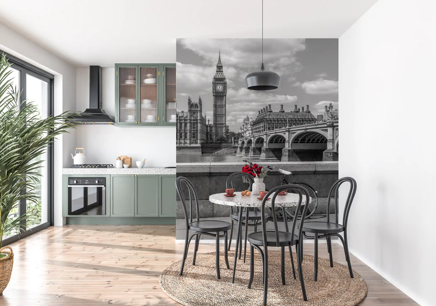 London Love: Monochrome & Red Roses Wall Mural