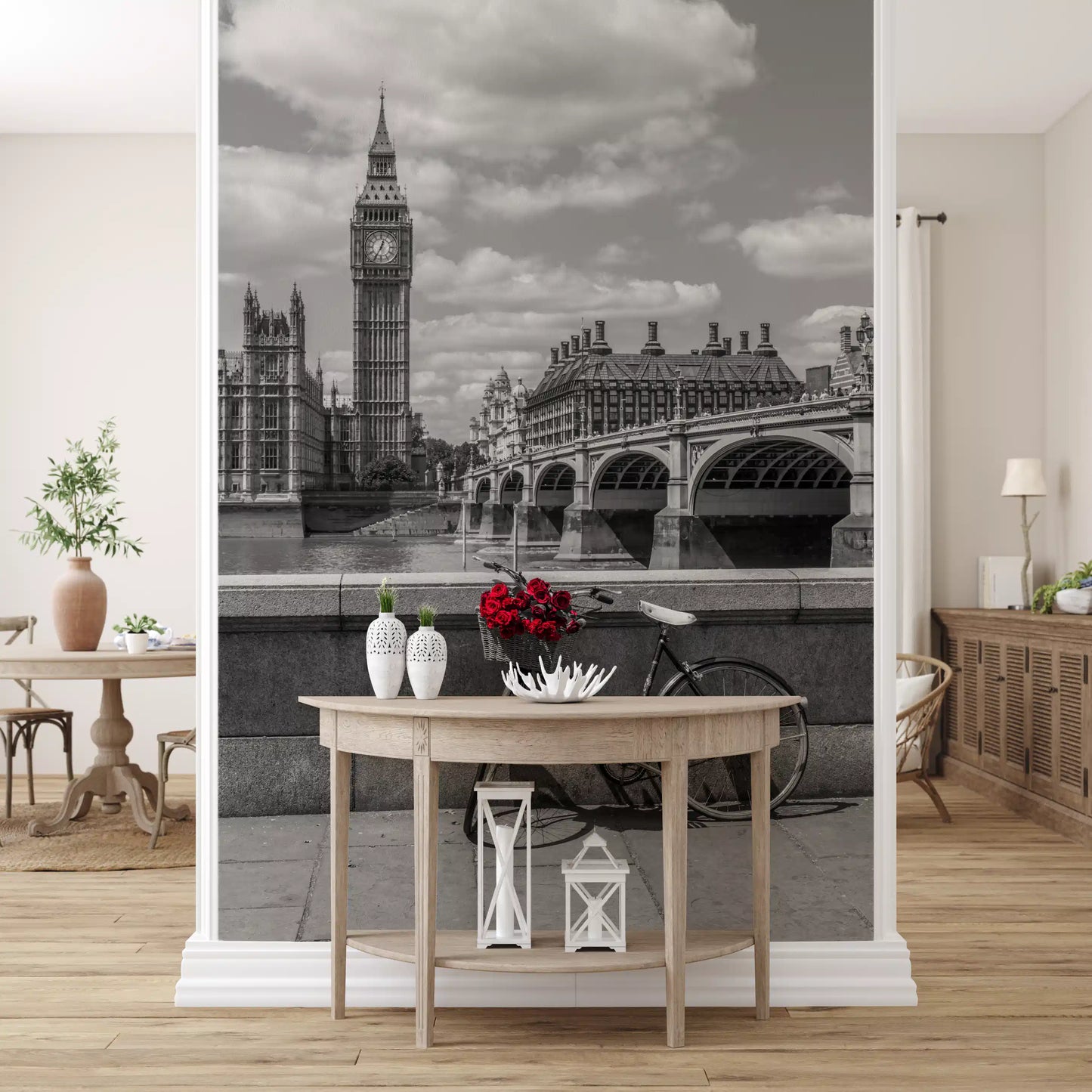 London Love: Monochrome & Red Roses Wall Mural