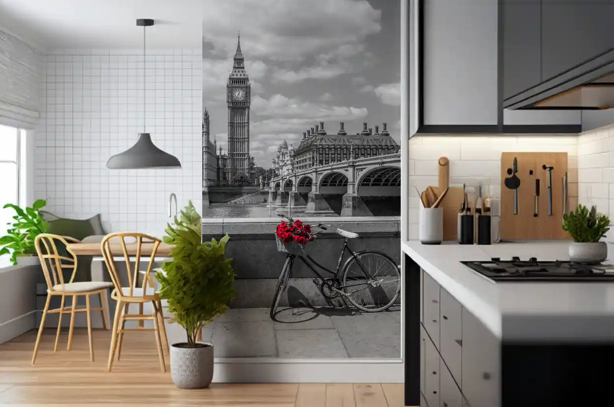 London Love: Monochrome & Red Roses Wall Mural