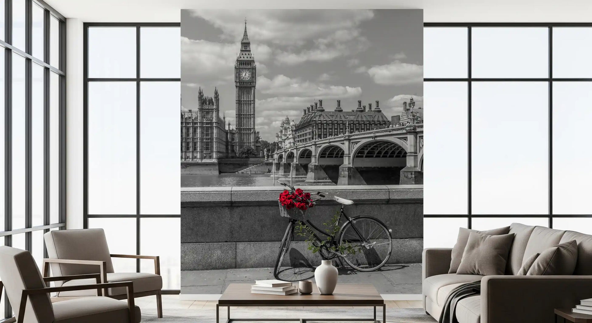 London Love: Monochrome & Red Roses Wall Mural