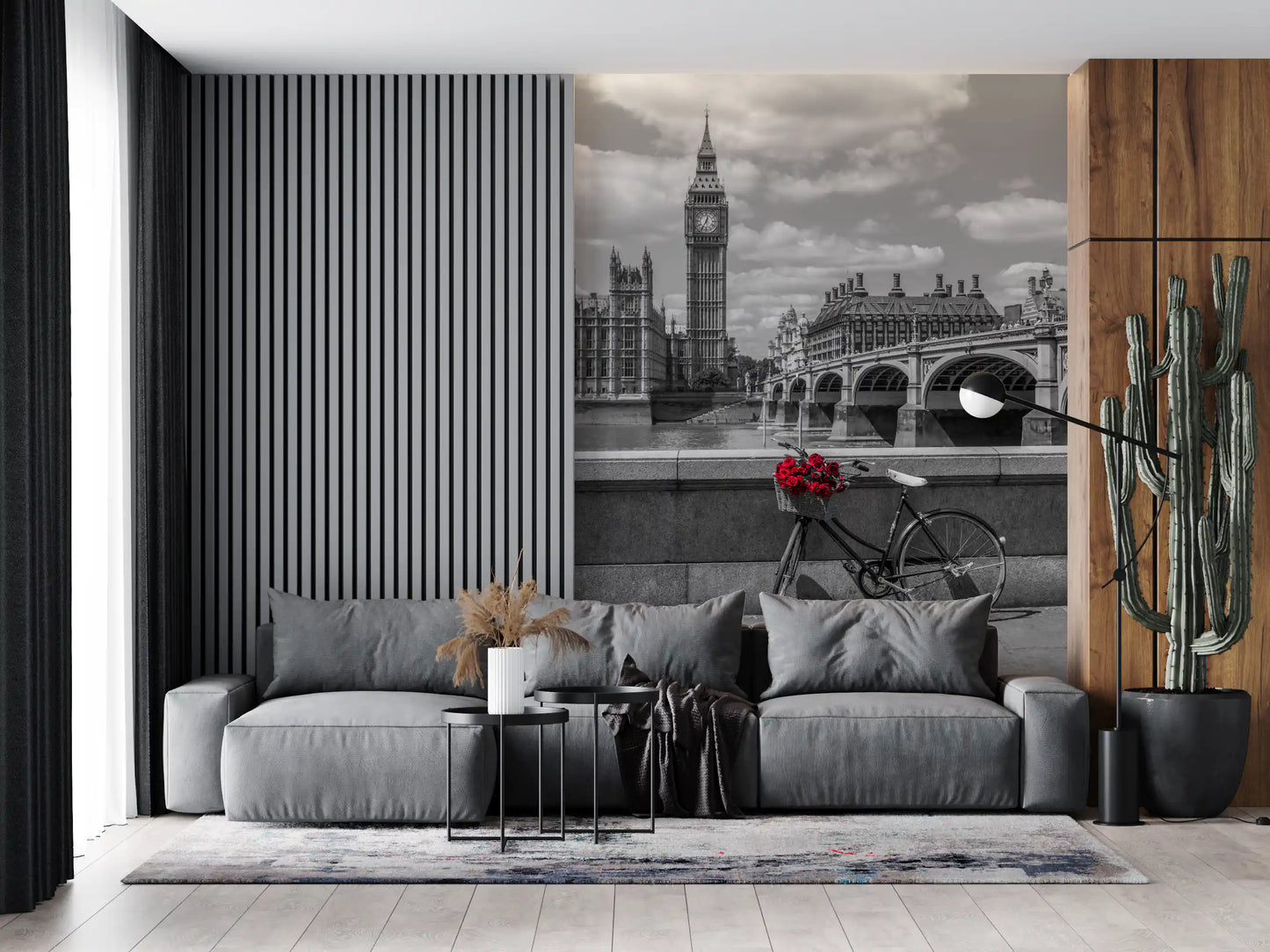London Love: Monochrome & Red Roses Wall Mural
