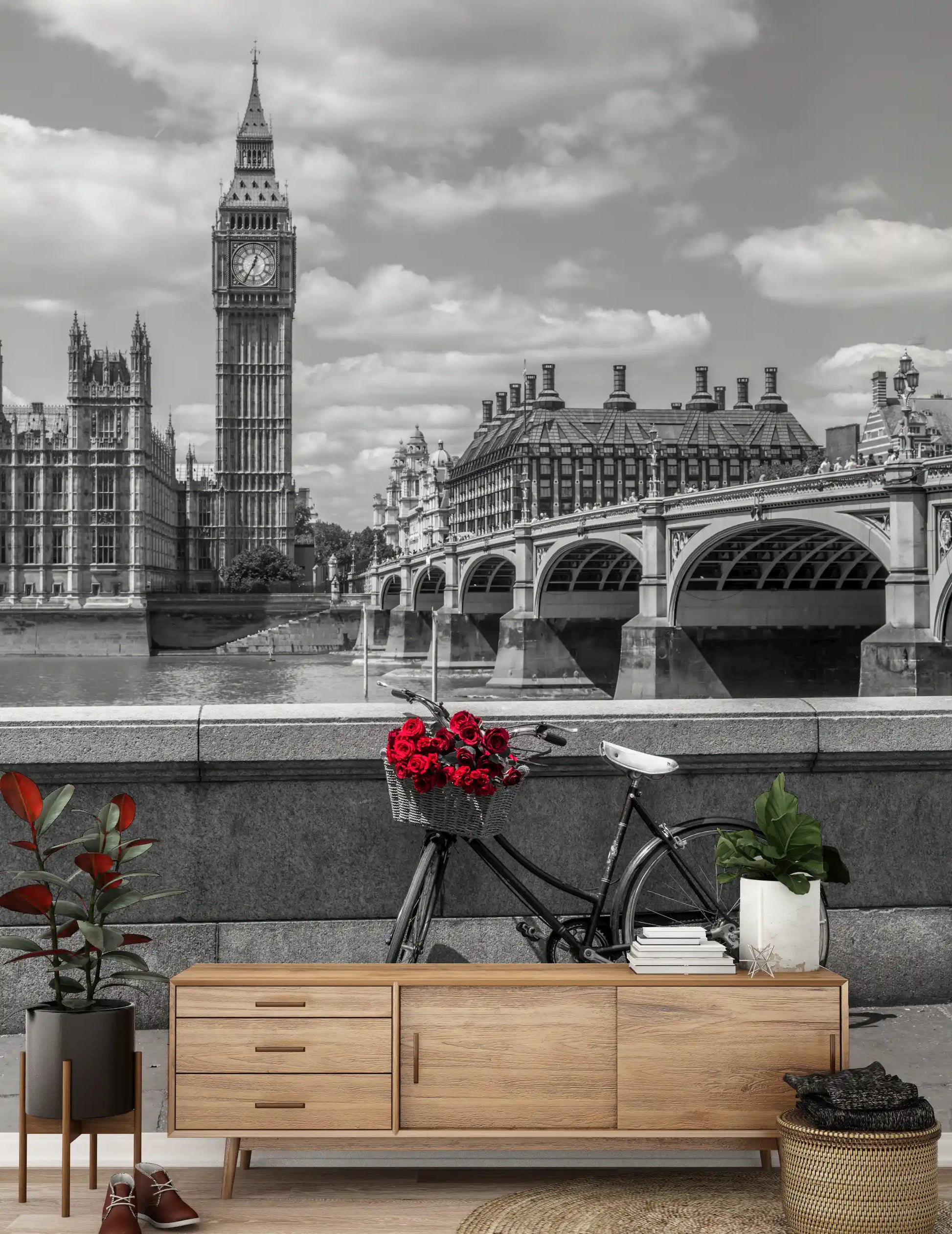 London Love: Monochrome & Red Roses Wall Mural