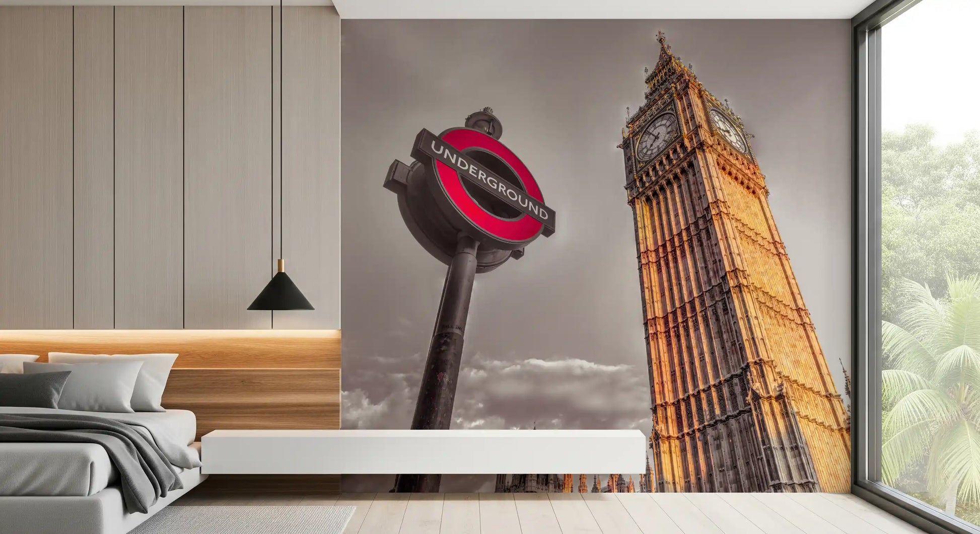 A bright pink Underground roundel stands out in the Golden Hour wall mural., GD9772
