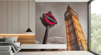 A bright pink Underground roundel stands out in the Golden Hour wall mural., GD9772