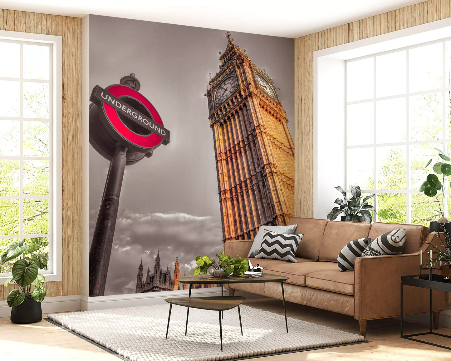 Westminster spires set in a moody lounge through the London Contrast wall mural., GD9772