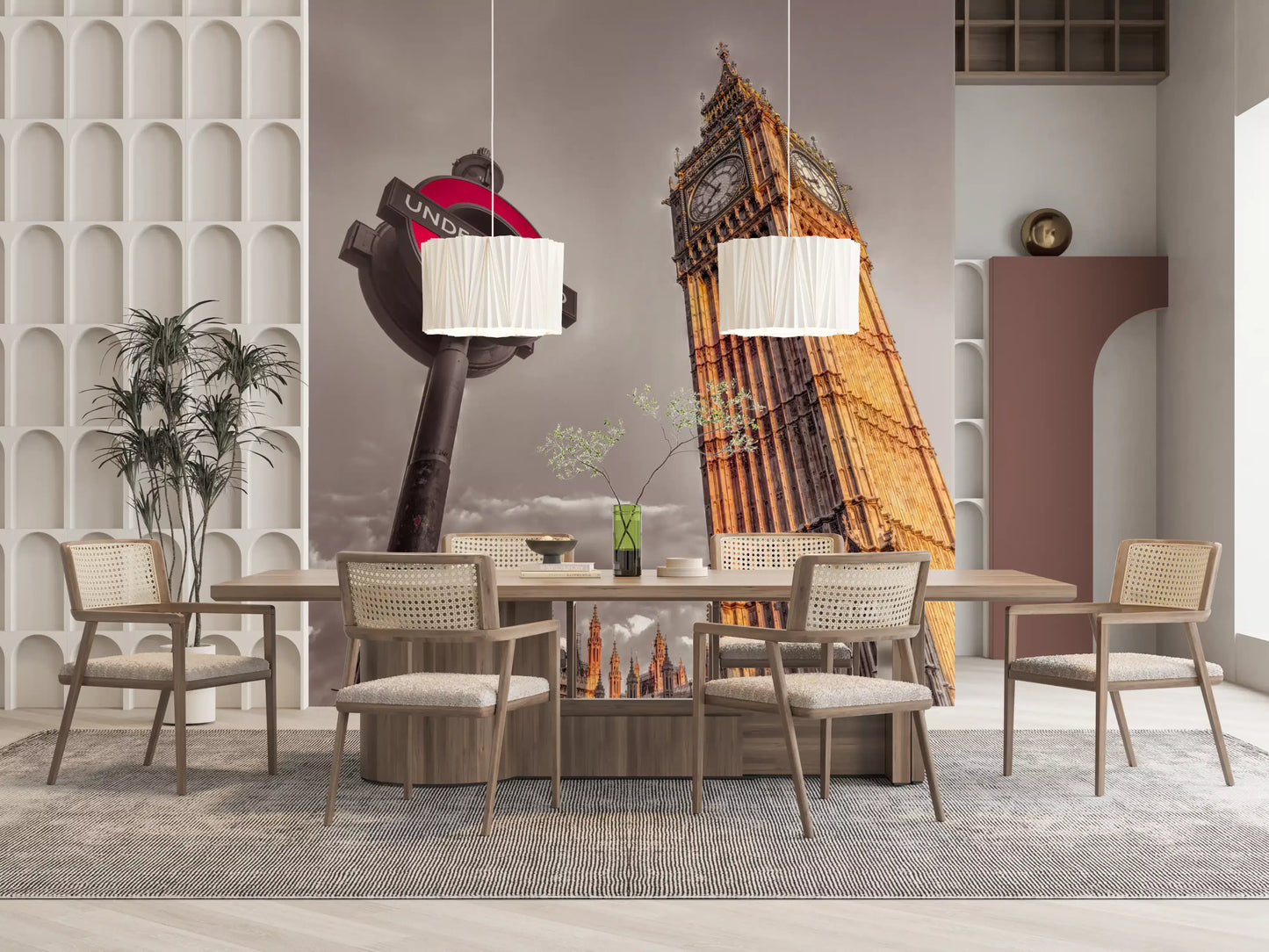 Golden Hour wall mural with A pink Underground sign lifts in dining room., GD9772