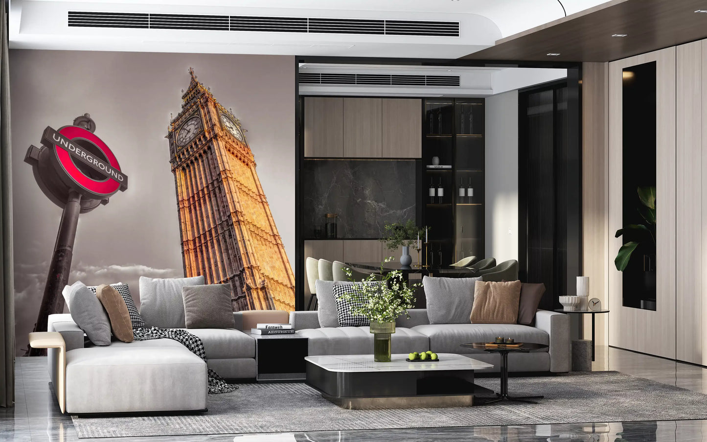 London Icons wall mural with Gold-lit Big Ben sharpens a in hallway., GD9772