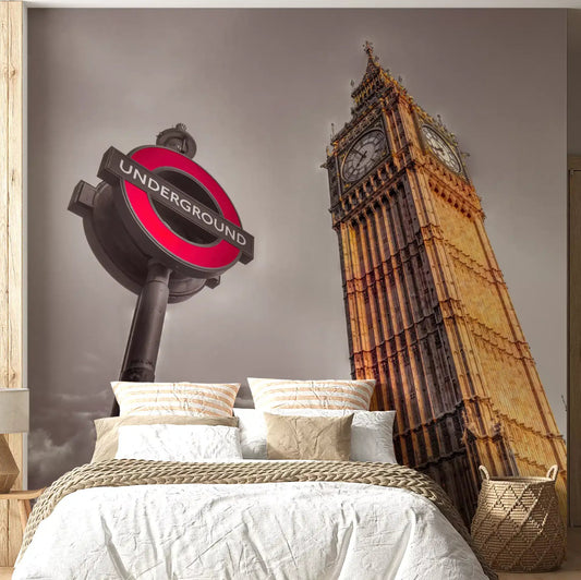 Grey skies, a gold tower calm a bedroom in the Golden Hour Contrast wall mural.
