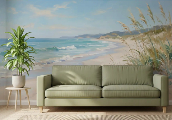 Coastal canvas mural shown as a feature wall in a calm living room., GD9773