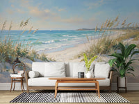 Coastal scene mural with two small sailboats near a distant headland living room.