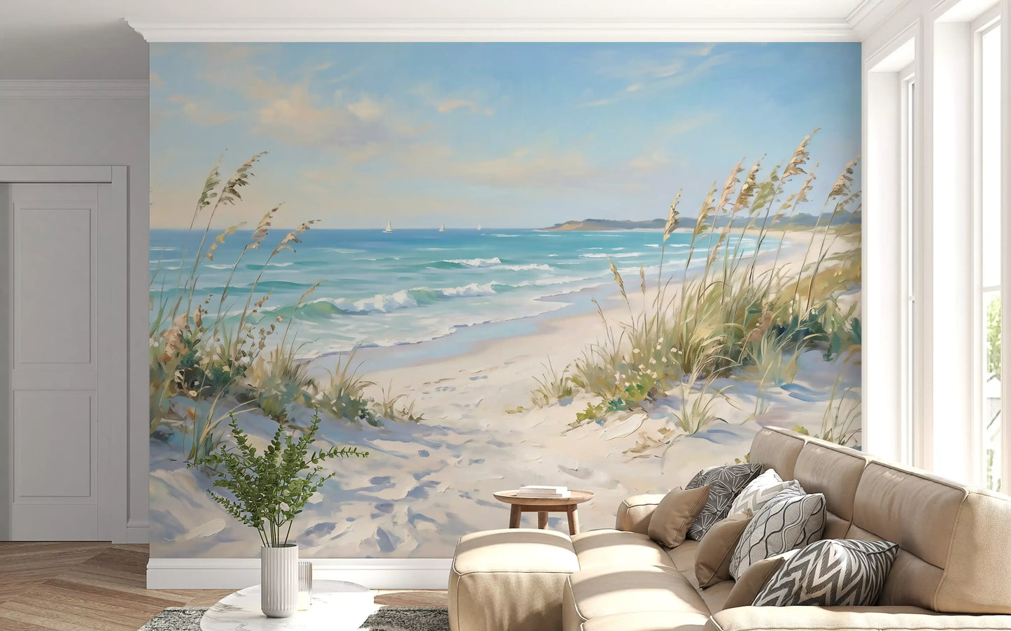 Painterly beach mural showing tall golden grasses beside calm blue water.