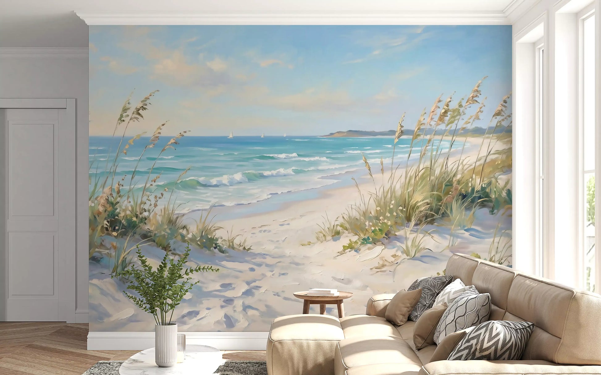 Painterly beach mural showing tall golden grasses beside calm blue water.