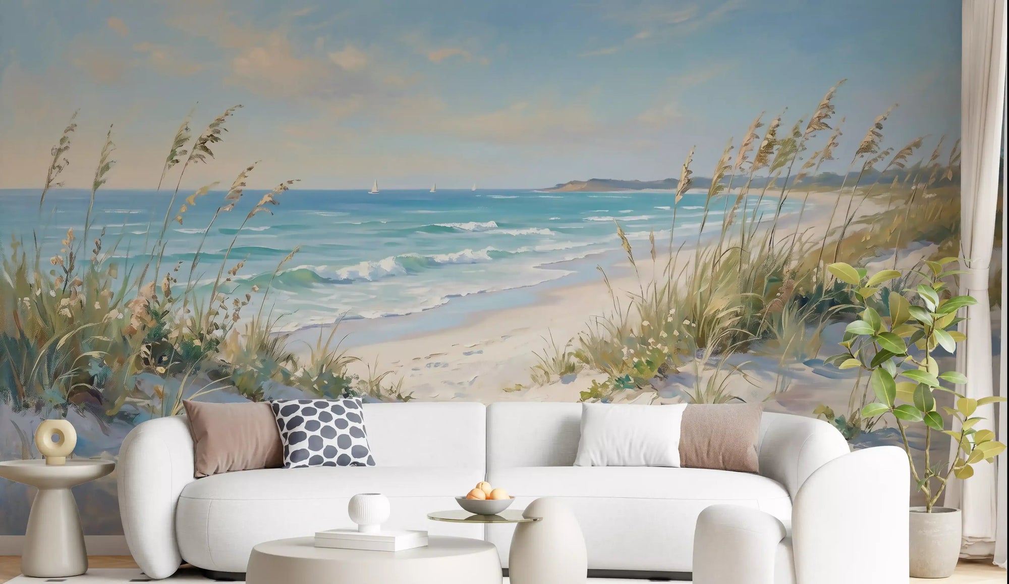 Coastal pathway mural shown as a feature wall in a calm living room., GD9774