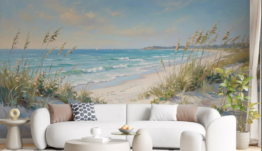 Coastal pathway mural shown as a feature wall in a calm living room.