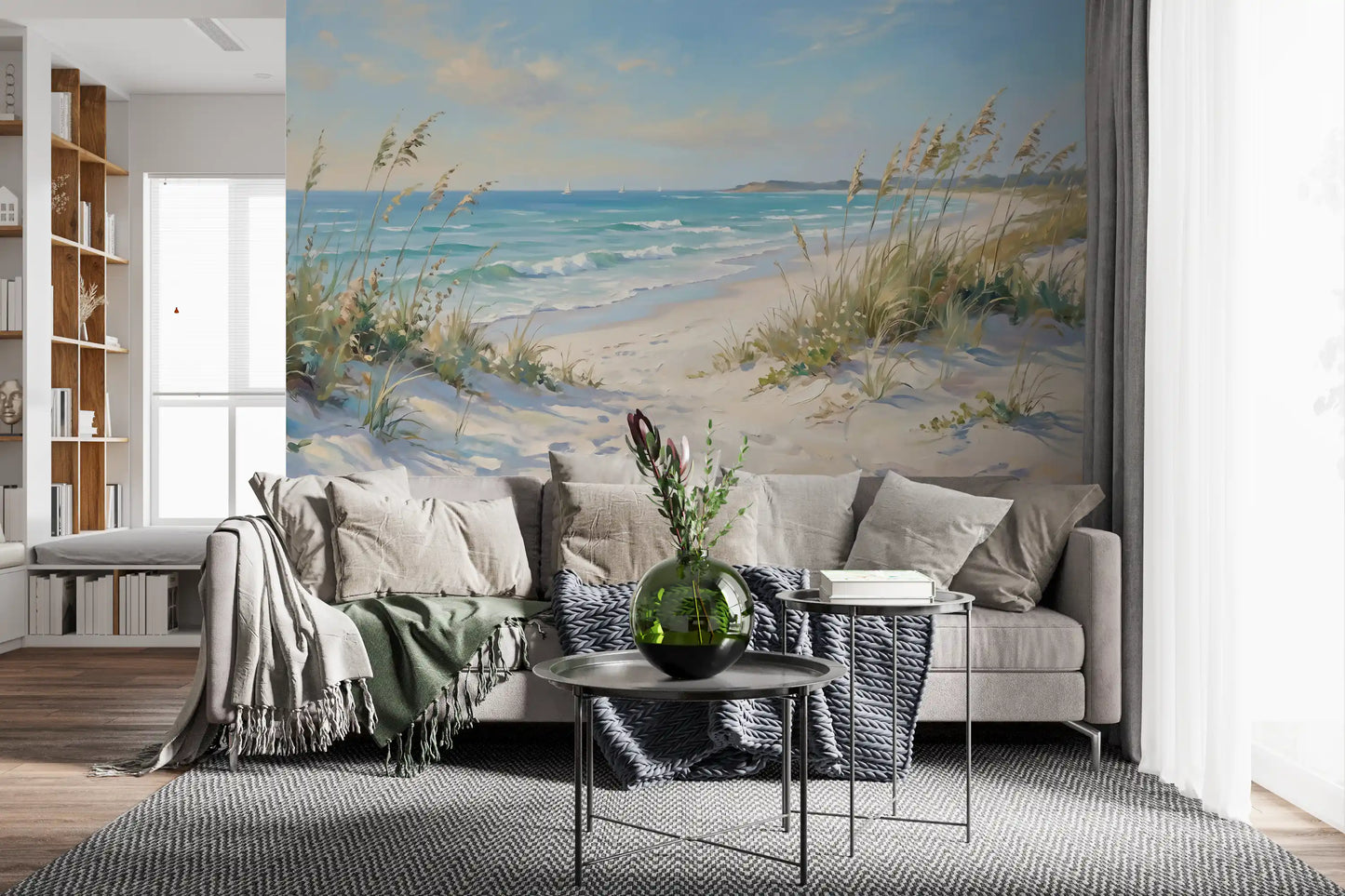 Painterly seaside mural with footprints in pale sand and grassy dunes.
