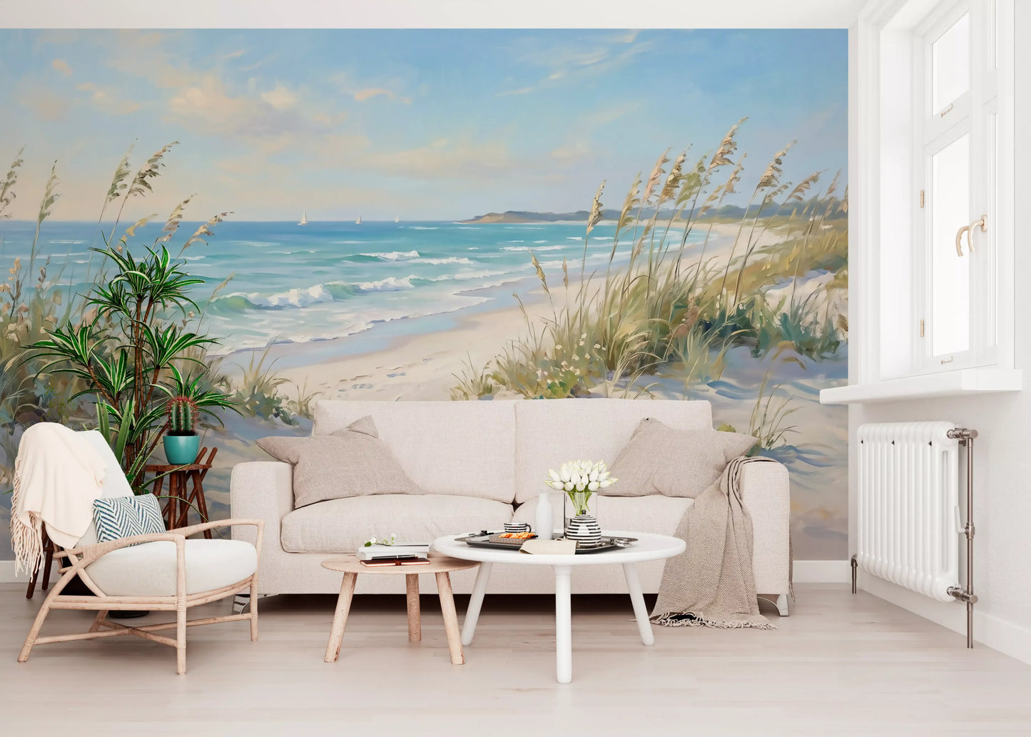 Beach wall mural featuring a pale blue sky and light clouds above the water.