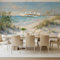 Wide horizontal coastal mural in soft blue, turquoise and sandy beige tones in dining room.