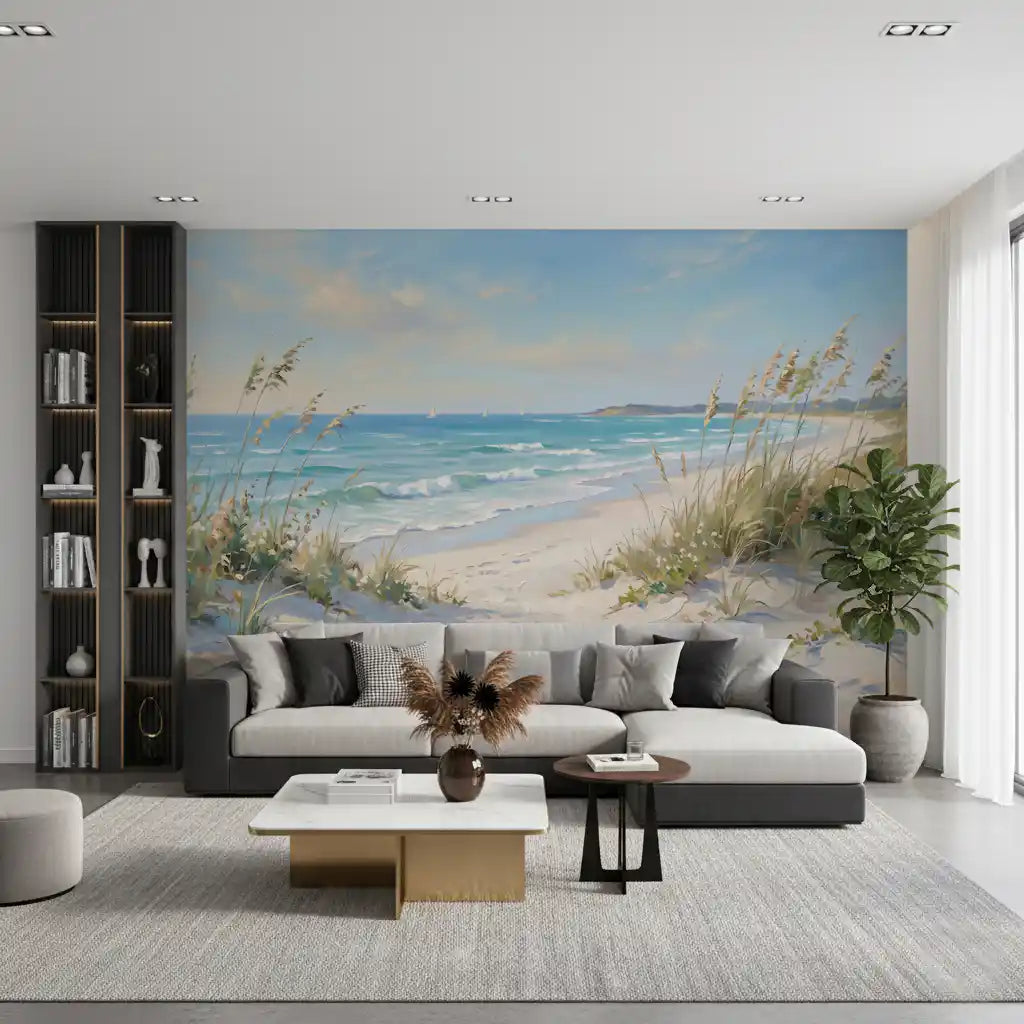 Wall mural of a sandy dune path framed by sea oats and sage foliage.