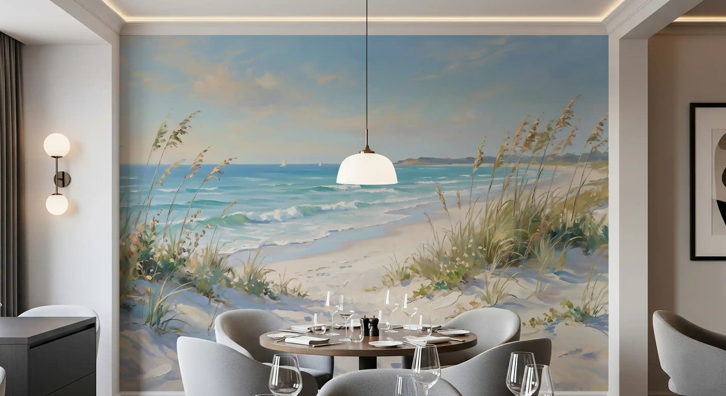 Coastal pathway wall mural with a sandy track leading toward a turquoise sea.