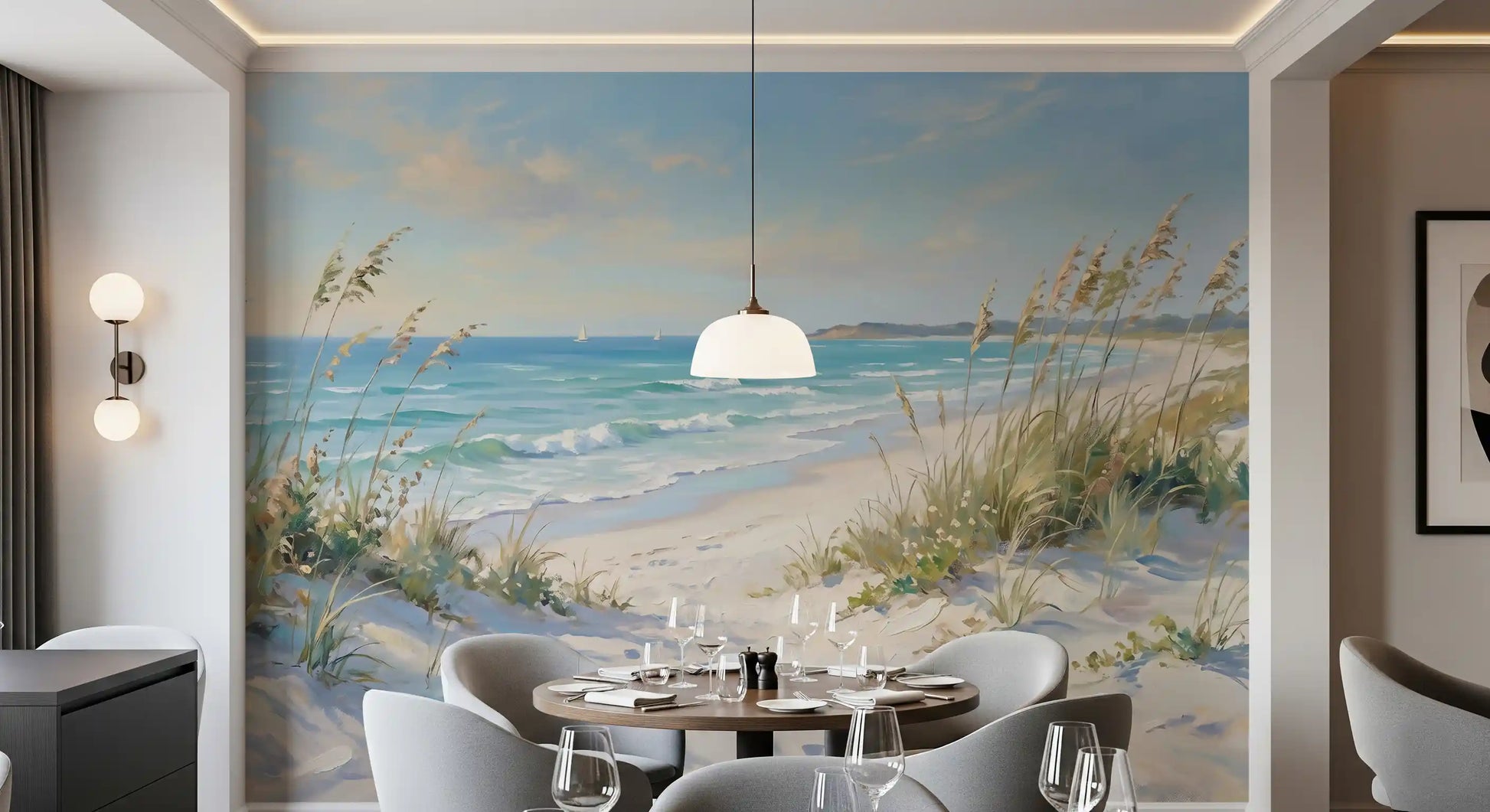 Coastal pathway wall mural with a sandy track leading toward a turquoise sea.