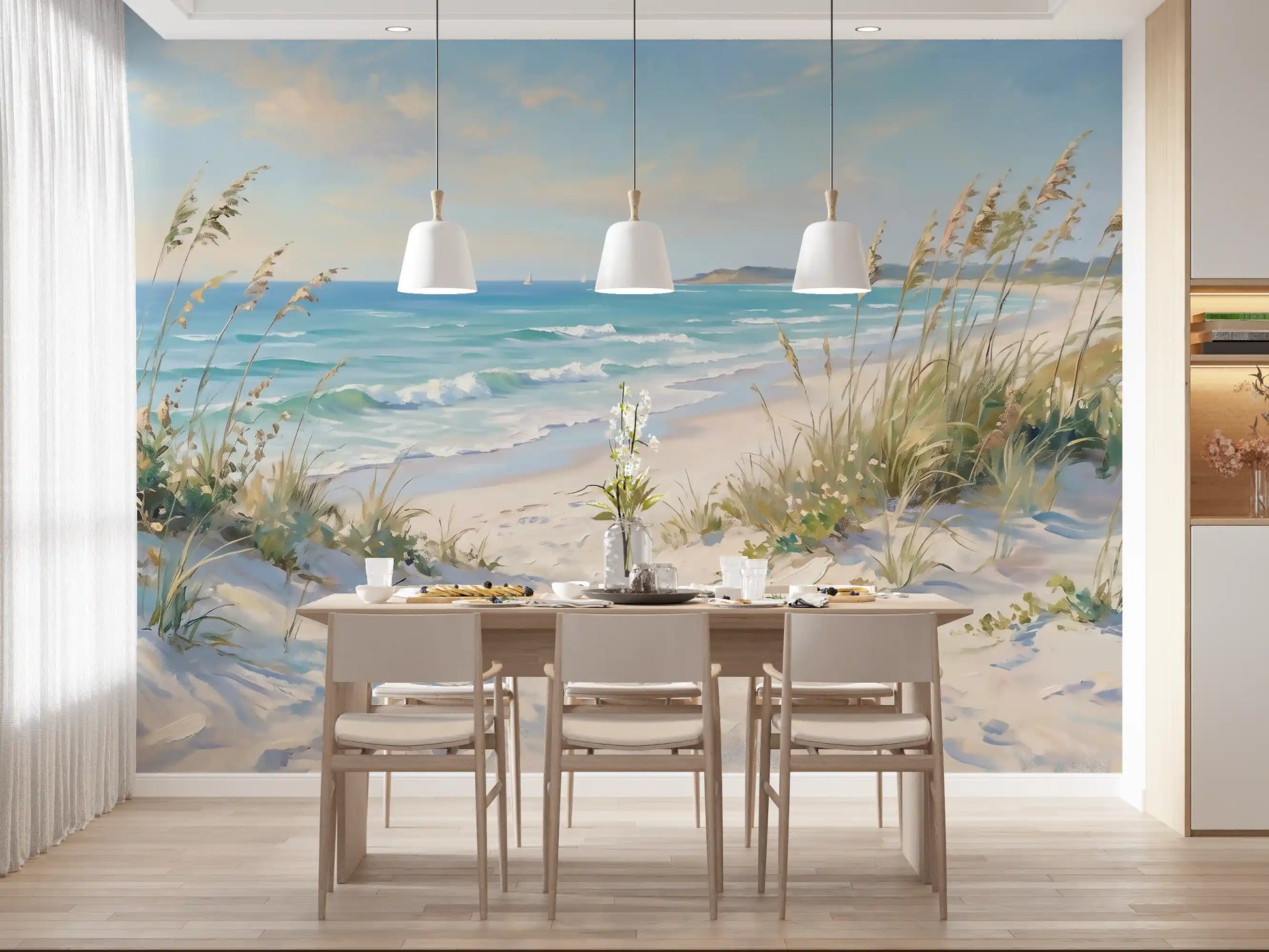 Soft impressionistic ocean mural with gentle white waves along the shoreline in dining room.