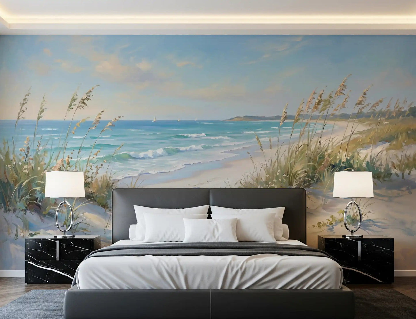Soft beach wall mural used as a wide accent wall in a bright bedroom.