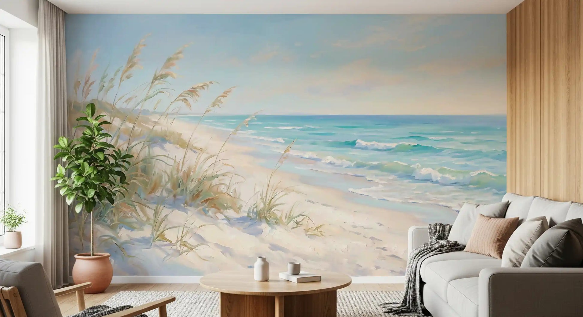 Soft watercolour beach wall mural with sage-green sea-grass and golden reeds.
