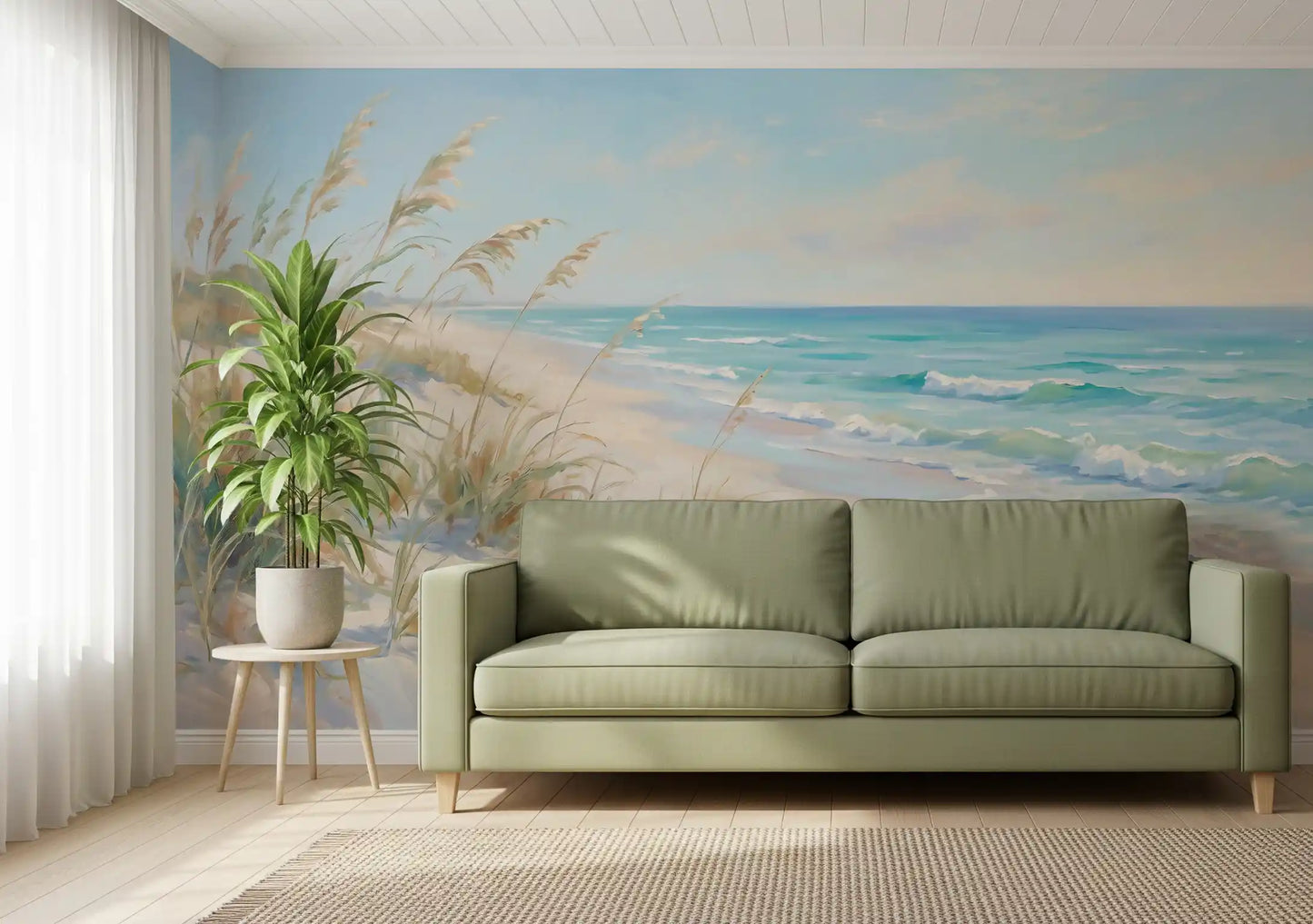 Pale blue sky with wispy clouds meeting the turquoise sea in the mural.