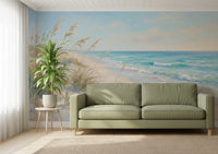 Pale blue sky with wispy clouds meeting the turquoise sea in the mural.