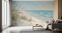 Turquoise sea fading to a hazy blue horizon on a coastal wall mural.
