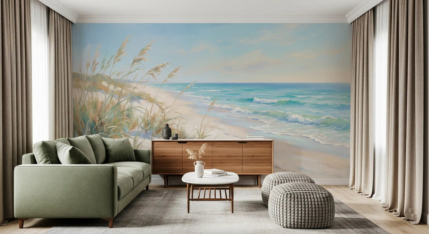 Painterly shoreline mural showing dune grasses and gentle ocean surf.