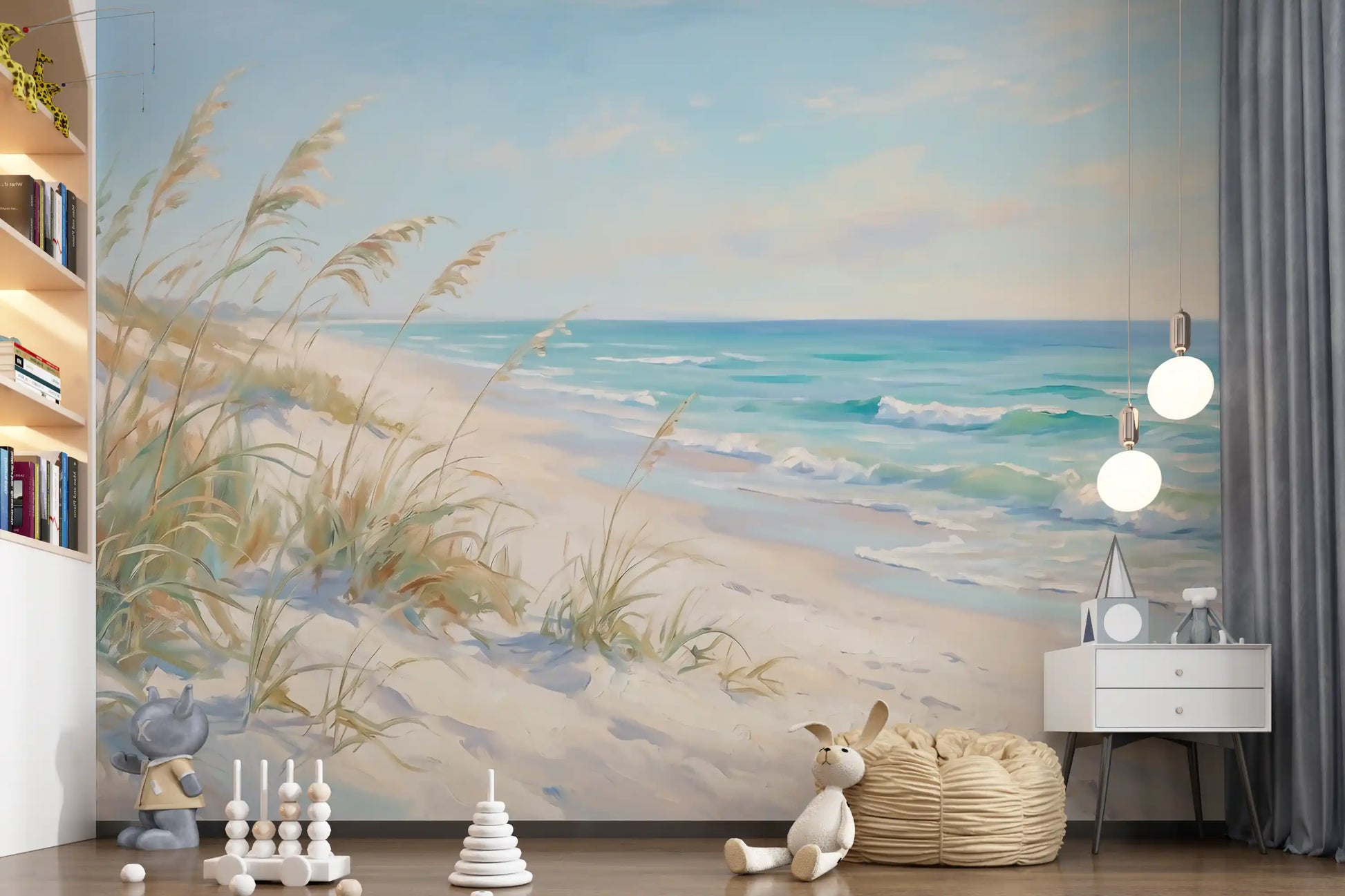 Wide view of the beach mural with white-capped waves and drifting clouds.