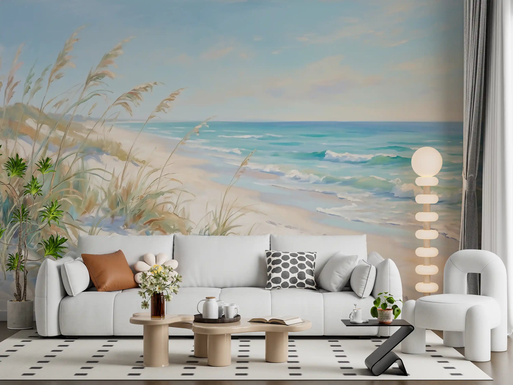 Cream-white dunes and feathery grasses along the ocean mural in living room.
