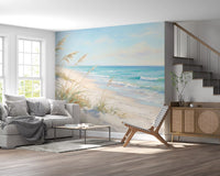 Coastal dreamscape mural shown across a living room feature wall.