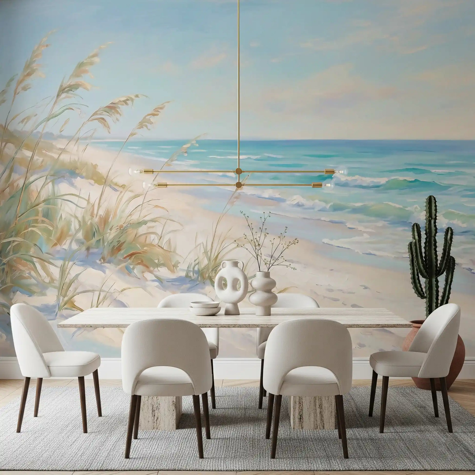 Full beach mural with calm coastal light and an open horizon in dining room.