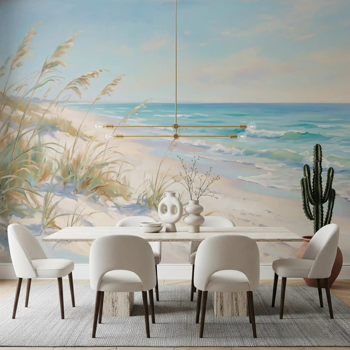 Full beach mural with calm coastal light and an open horizon in dining room., GD9775