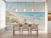 Coastal shoreline mural on a dining room accent wall.