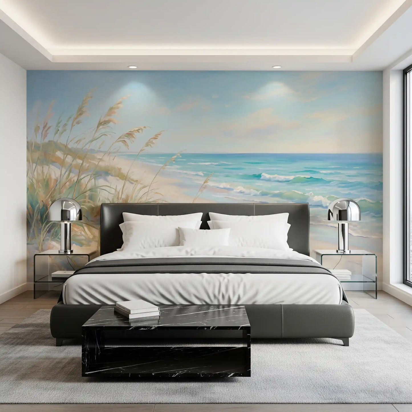 Coastal beach wall mural with turquoise waves and pale blue sky over cream sand.