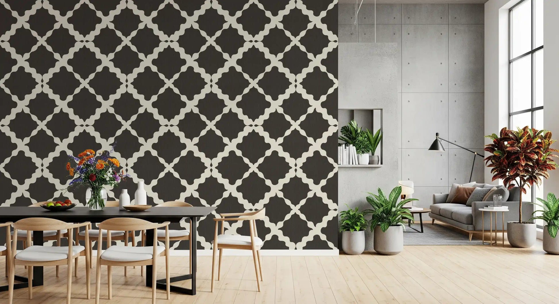 Deep charcoal brown lattice trellis geometric wallpaper with cream curved pattern on textured background.