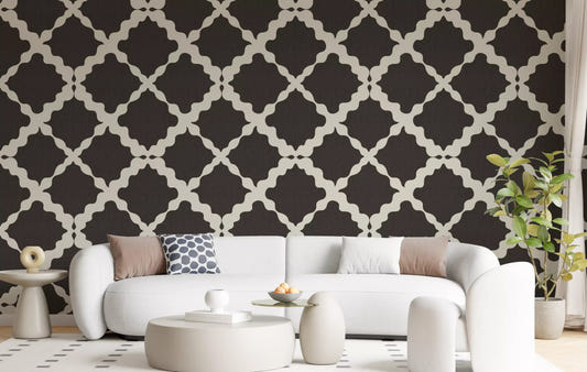 Dark brown trellis geometric wallpaper on living room accent wall with cream lattice detail