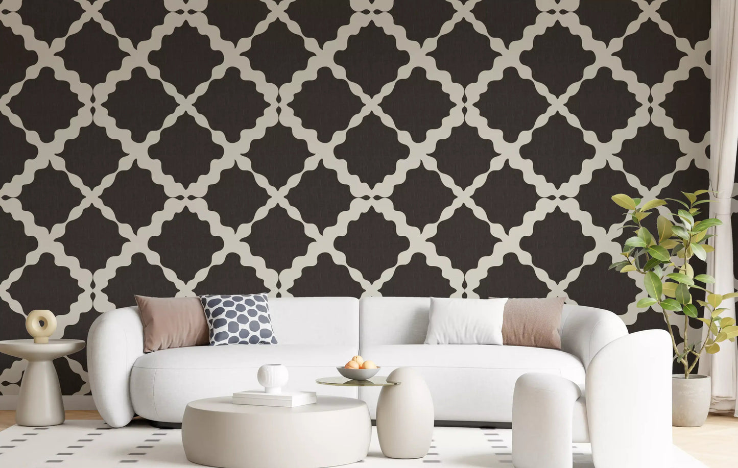 Dark brown trellis geometric wallpaper on living room accent wall with cream lattice detail