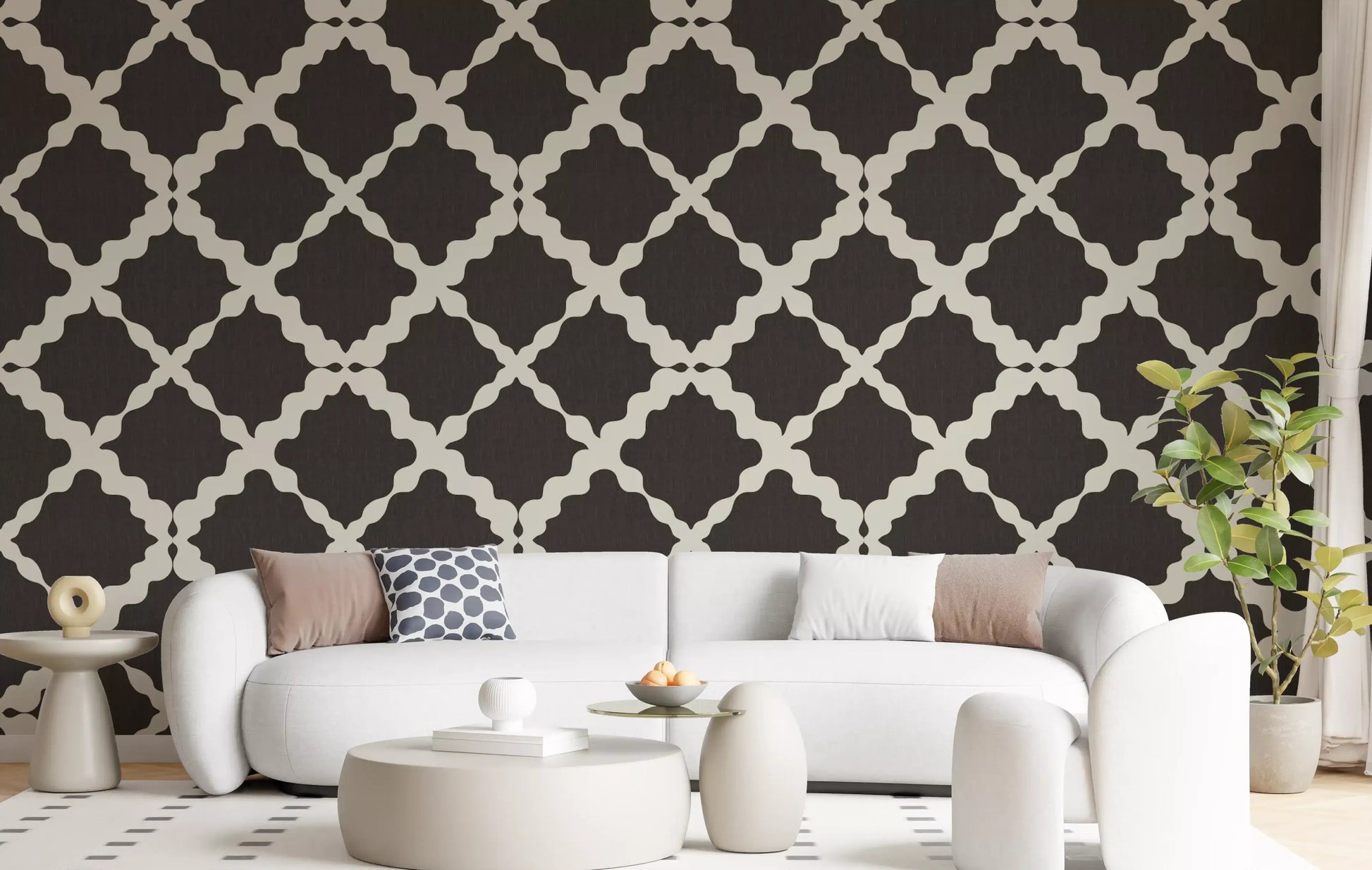 Dark brown trellis geometric wallpaper on living room accent wall with cream lattice detail