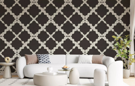 Dark brown trellis geometric wallpaper on living room accent wall with cream lattice detail, GD9776