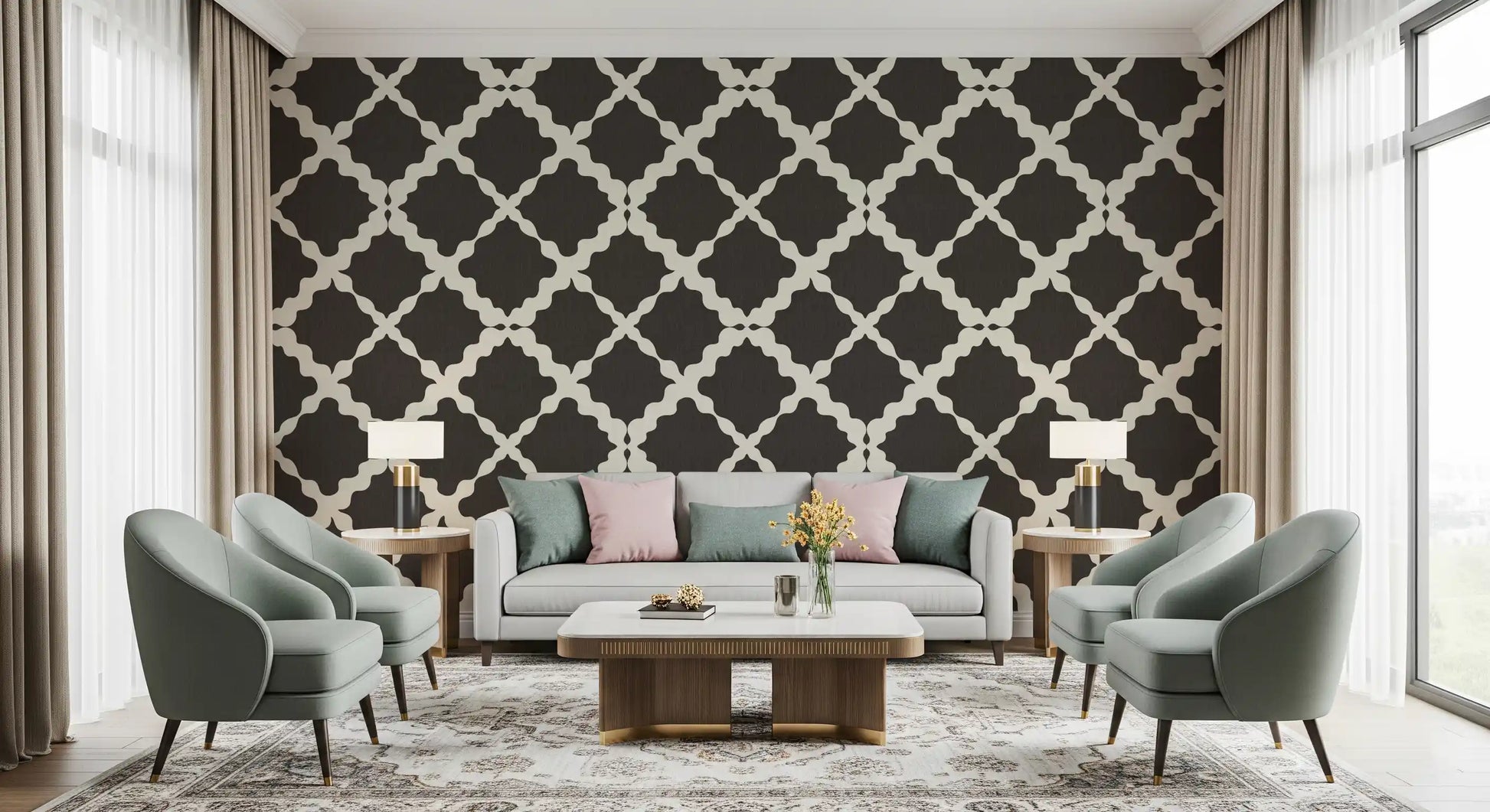 Dark brown and cream geometric trellis pattern on linen-look wallpaper in living area.