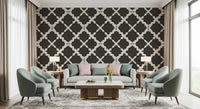 Dark brown and cream geometric trellis pattern on linen-look wallpaper in living area.