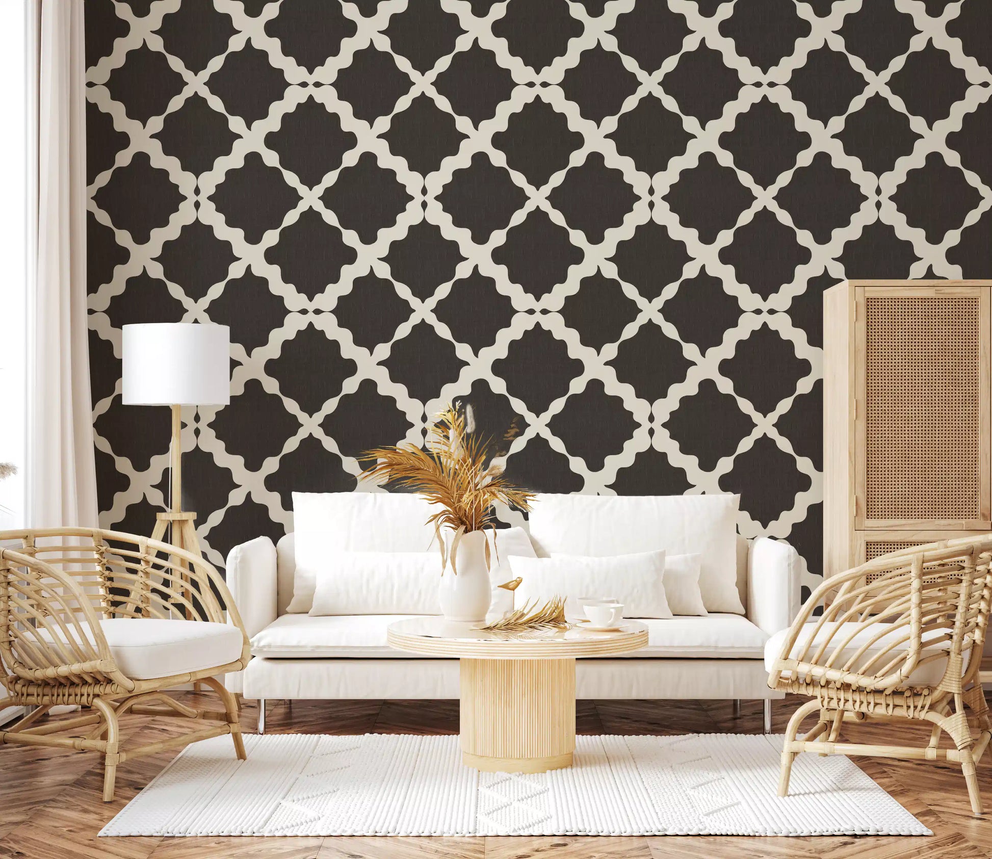 Large-scale repeating curved lattice motif in dark charcoal on textured wallpaper.
